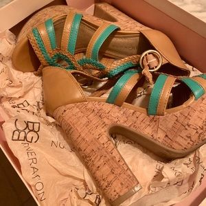 BCBG Cork Heeled Sandal: Aqua & Tan